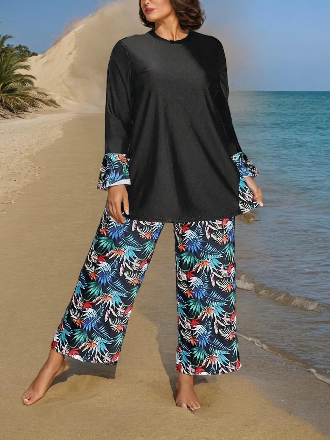 

L-4XL 2 шт. элегантные буркини больших размеров, скромные купальники с красочным принтом перьев, платье с длинными рукавами, женские купальники, пляжная одежда