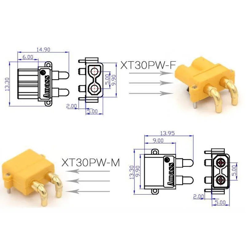 1PCS  XT30PW ESC Motor PCB board plug Banana Golden XT30 Upgrade Right Angle Plug Connector XT30PW-M XT30PW-F  ﻿