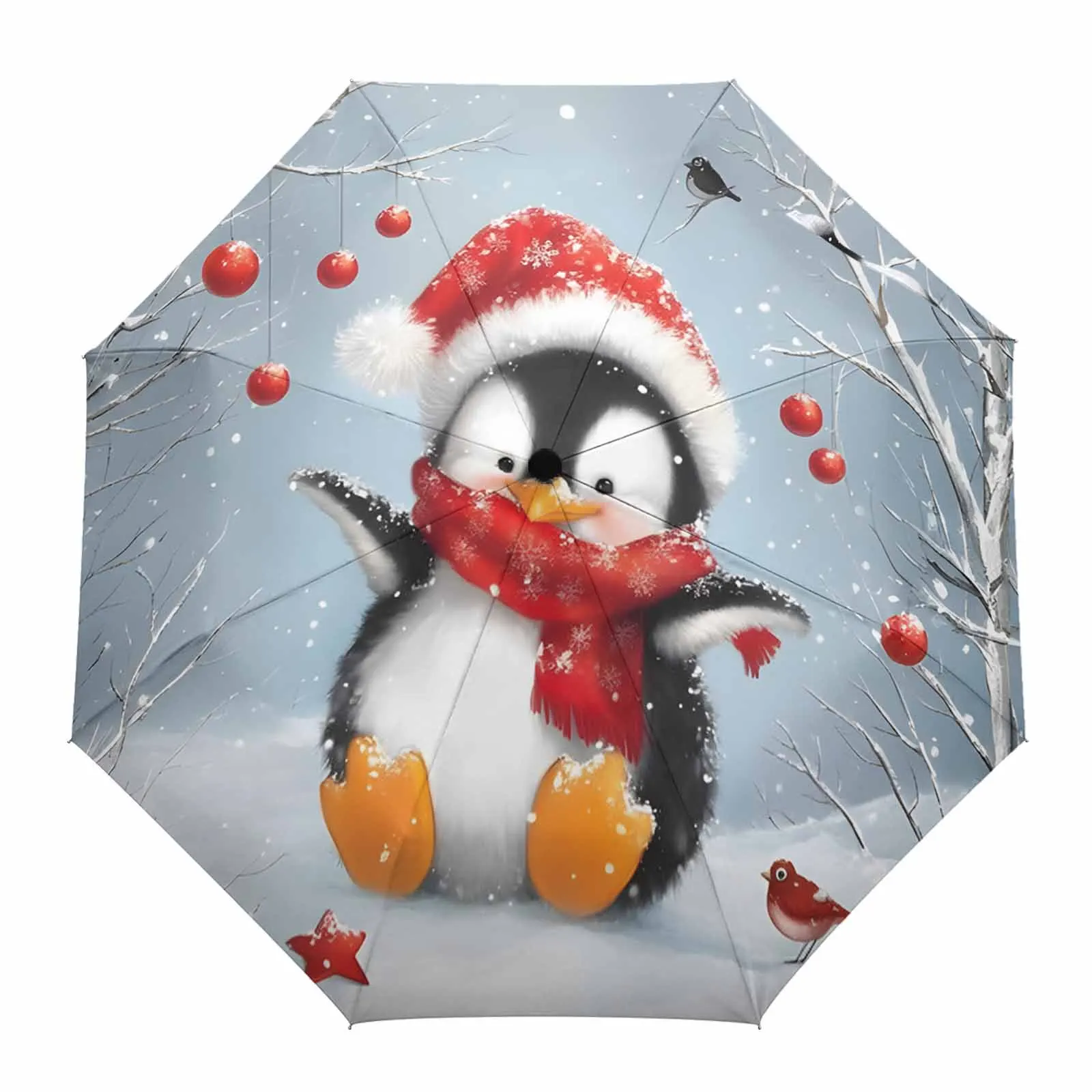 Christmas Lantern Bird Penguin Oil Painting Fully-automatic Umbrella for Outdoor Adults Umbrella Foldable Eight Strand Umbrella