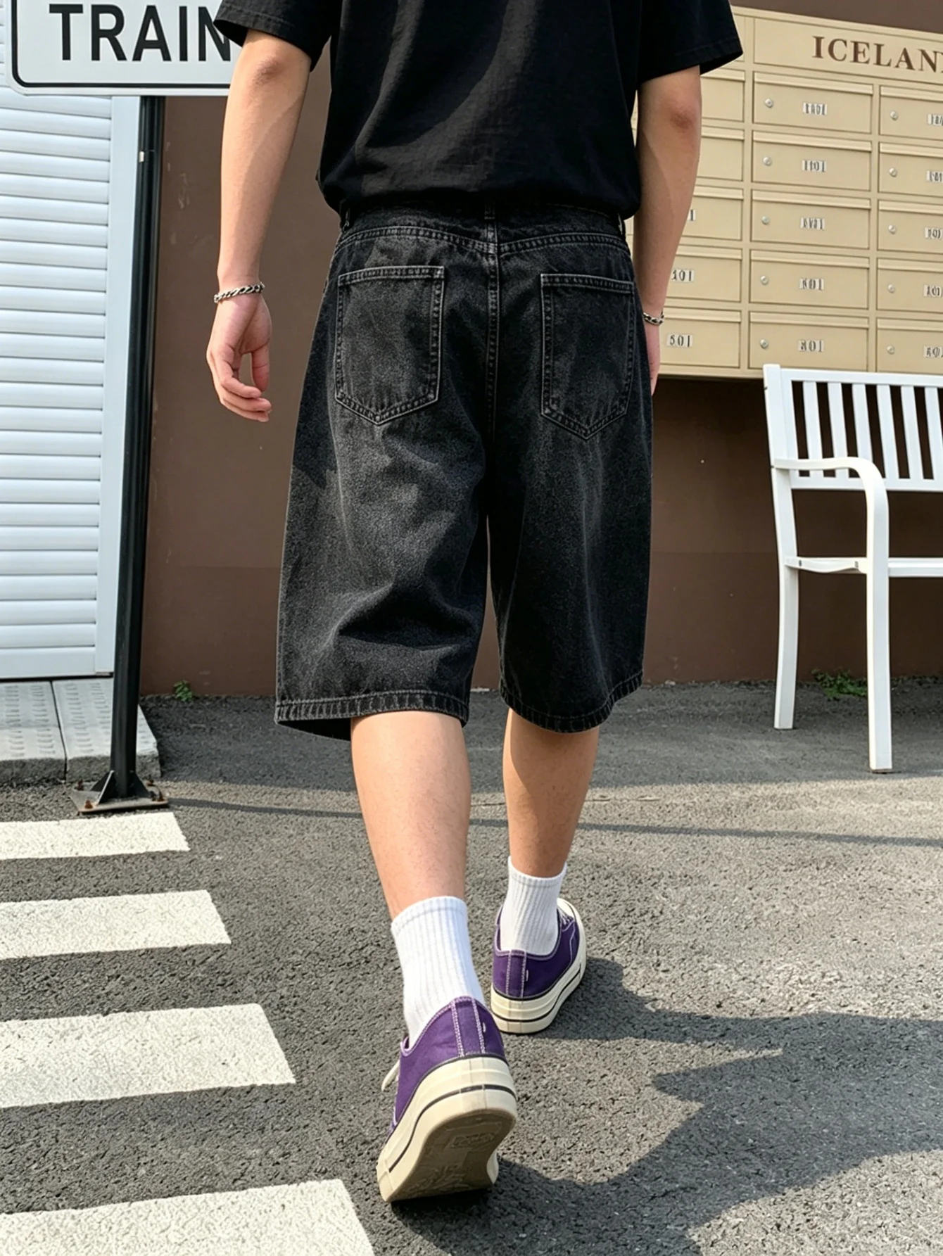 Men daily commute black non stretch denim jorts loose straight leg solid color versatile comfy outdoor casual trousers view 3