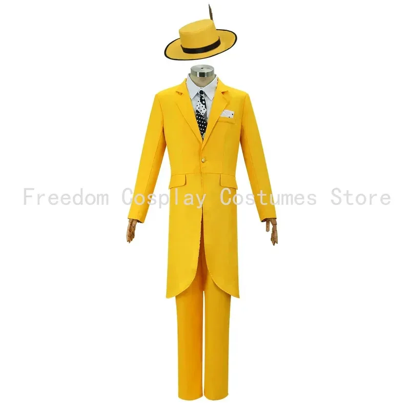 映画「大脱走」ジム・キャリーのコスプレ衣装、黄色のカーニバルパーティー用スーツ、帽子、マスク、緑のハロウィンピエロの小道具、衣類