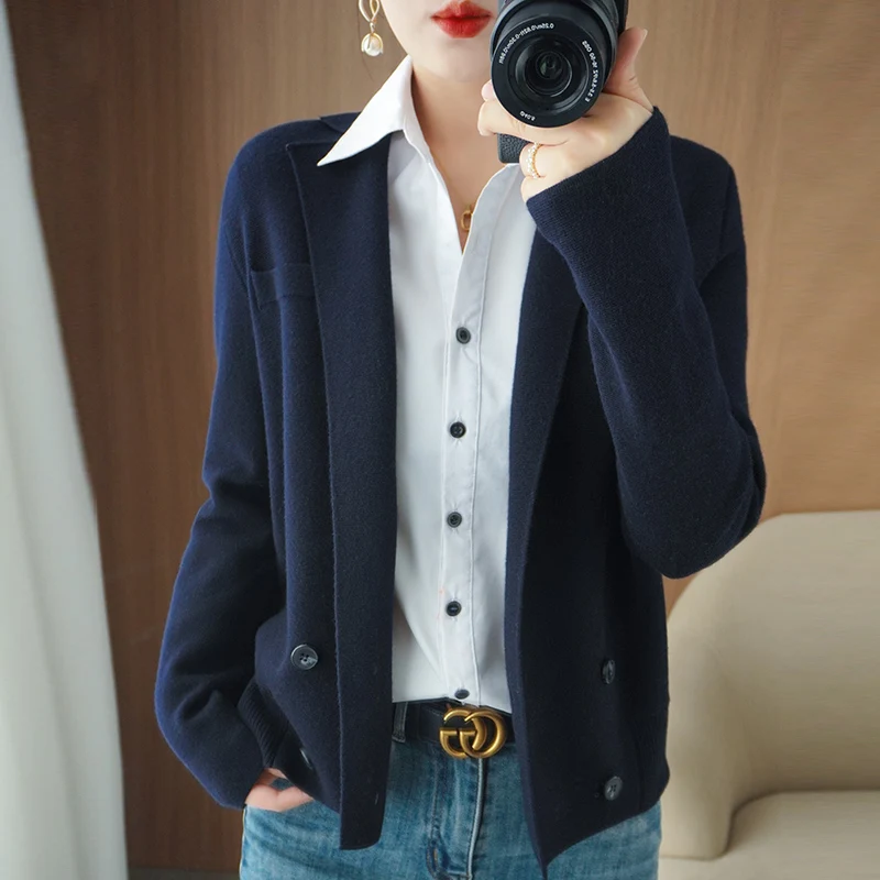 Autumn Winter New Women Fine Wool Sweater Tailored Collar Appear Thin Knitted Cardigan Casual Slim Bottoming Coat Versatile Tops