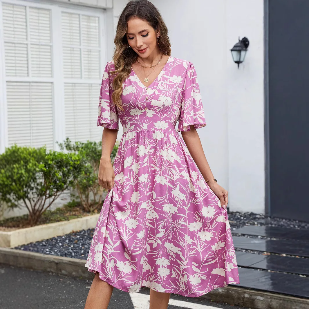 Dames n Cotton Summer Dr V-Ne ort Sve taillegedekte print Dr elastische taille bloemenprint Dr