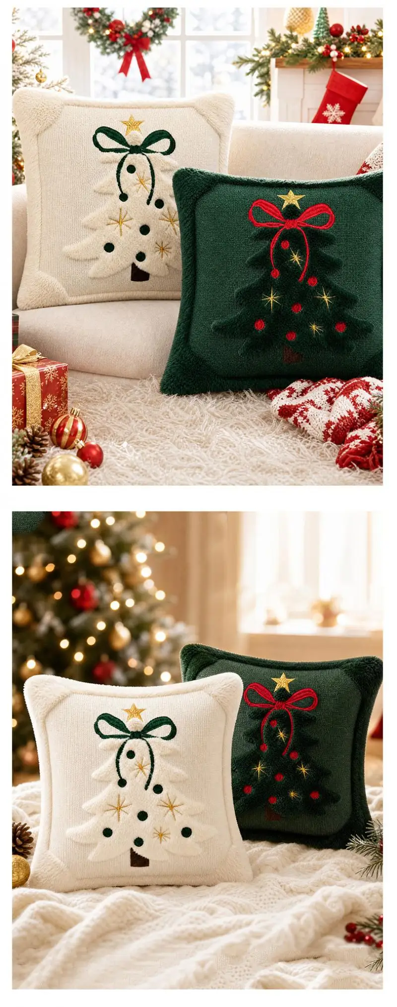 Weihnachts-Kissenbezug Cojines Grün Beige Plüsch Weihnachtsbaum Bestickter Kissenbezug Feiertags-Sofadekoration Kissenbezüge – Detail 5