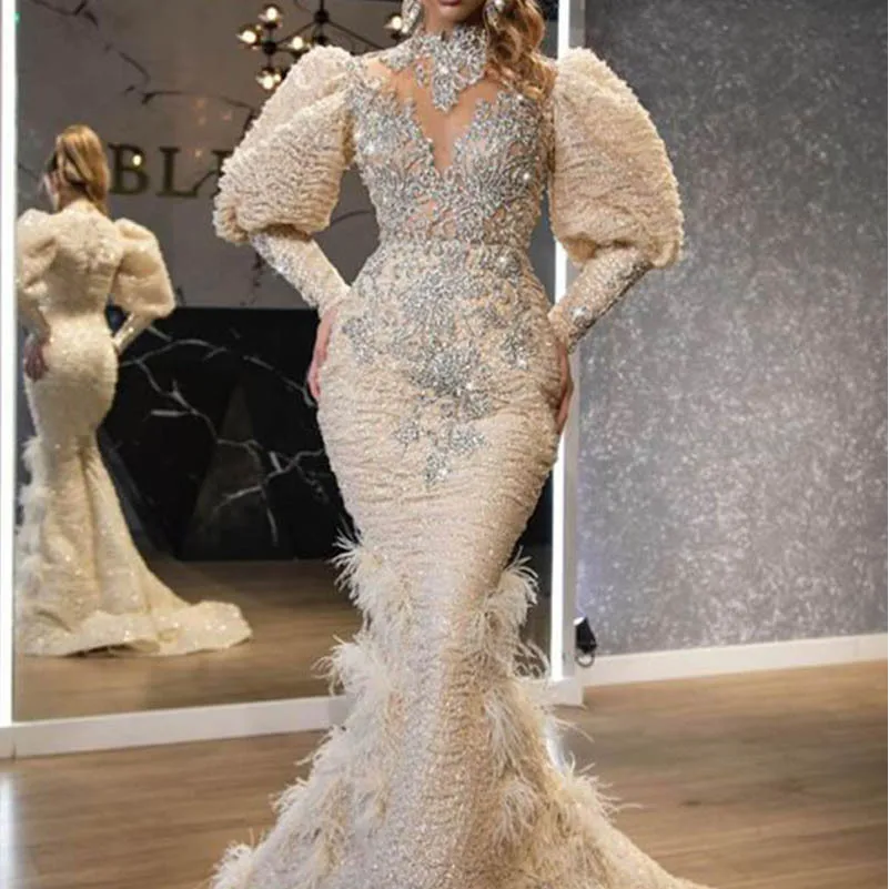 

Feather Princ Dr V-Ne Long Evening Gown Glittering Lace High Waist Draped Ba Wedding Dr for Women Sweet Sle