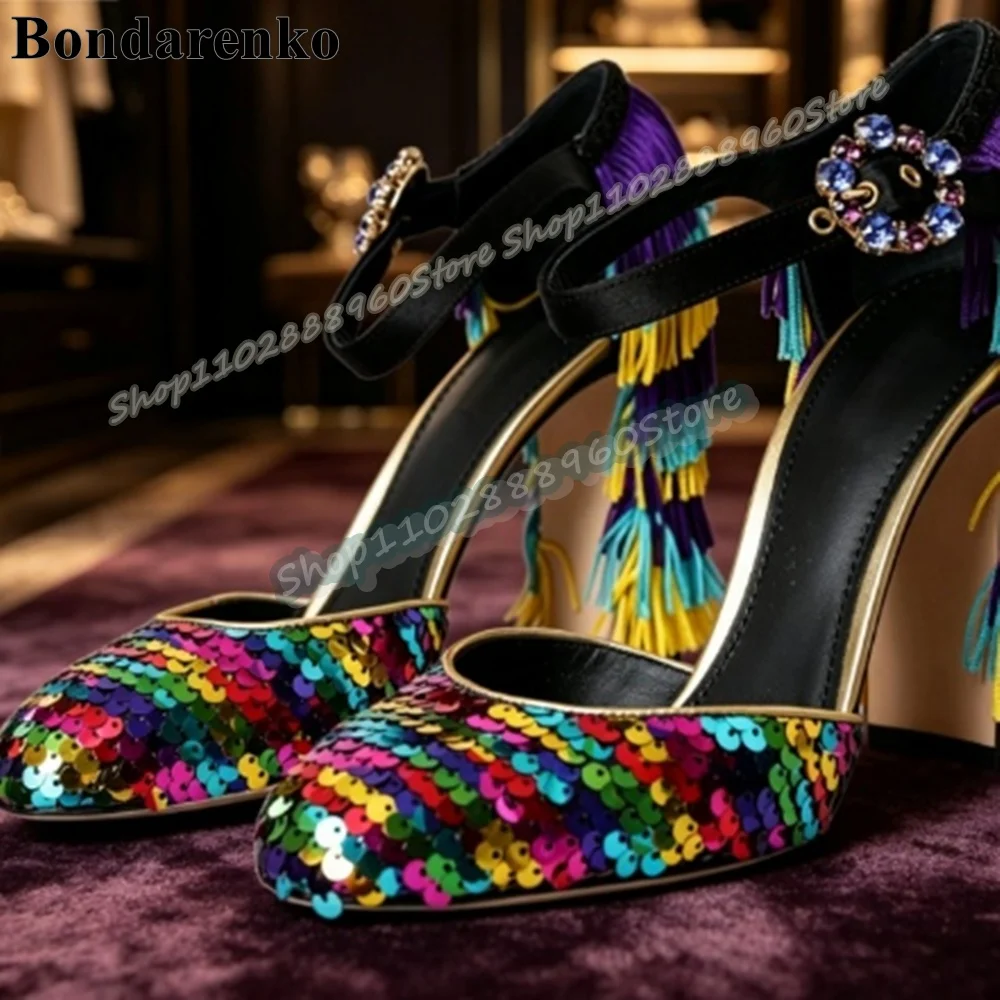 Banquet Mixed Sequins Tassels Shallow Sandals Chunky High Heel Shoes For Women Ankle Buckle Strap Round Toe Zapatos Para Mujer