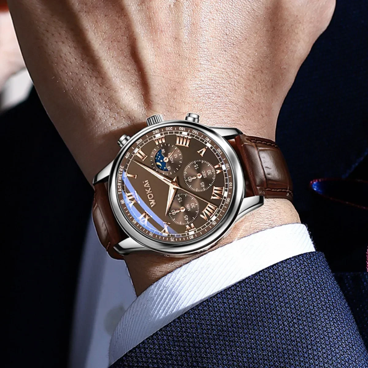 Fashion Business Watches Fake Three-Eye Roman Numerals Dial Clock Leather Strap Quartz Watch for Men Wristwatch Часы Мужские