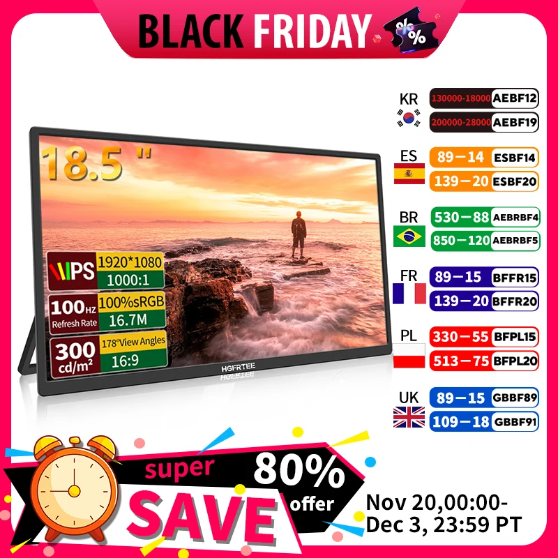 

HGFRTEE 18,5-дюймовый портативный монитор Игровой дисплей Монитор для ноутбука Встроенная подставка Внешний экран для ПК Mac Телефон Xbox PS5 - A1M