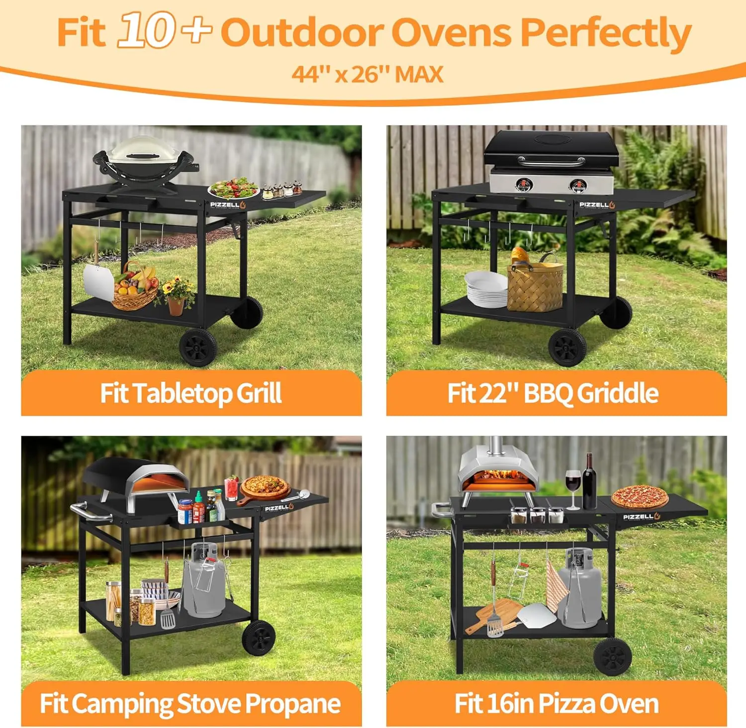 Grill Table Cart 44" x 26" Movable Pizza Oven Stand Foldable Double-Shelf Grill Cart Large Space Food Prep Trolley Dining Cart F