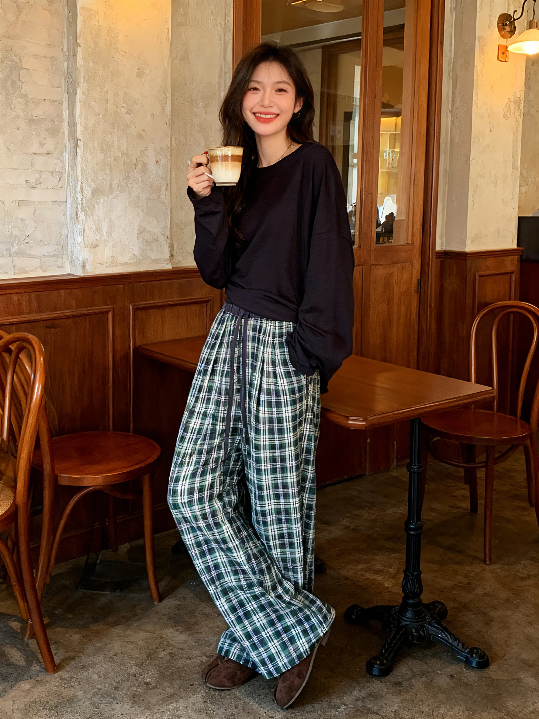

Retro Plaid Fce Wide Leg Pants Women Loose Casual Long Trousers Slouchy Straight Leg Trousers Autumn Winter Faion Ladies