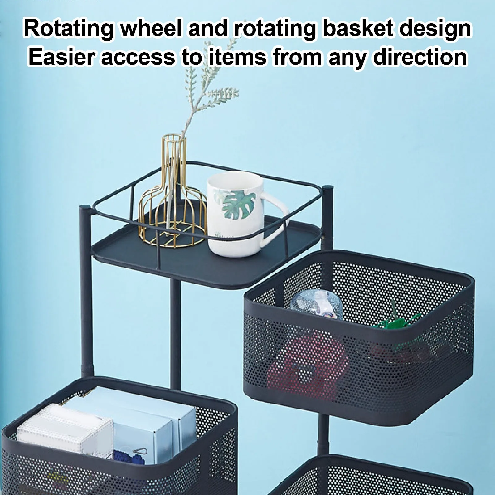 Rotating Storage Cart Space Saving Breathable Basket Organizer Cart Carbon Steel Raised Fence for Bathroom for Fruit Vegetable