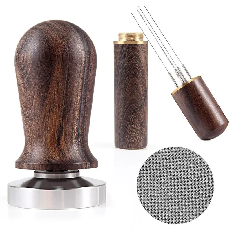 A40Z-51Mm Espresso Coffee Tamper&Stirrer Set-Wooden-Handle Spring-Loaded Calibrated Tamper With Premium Stainless Steel Base