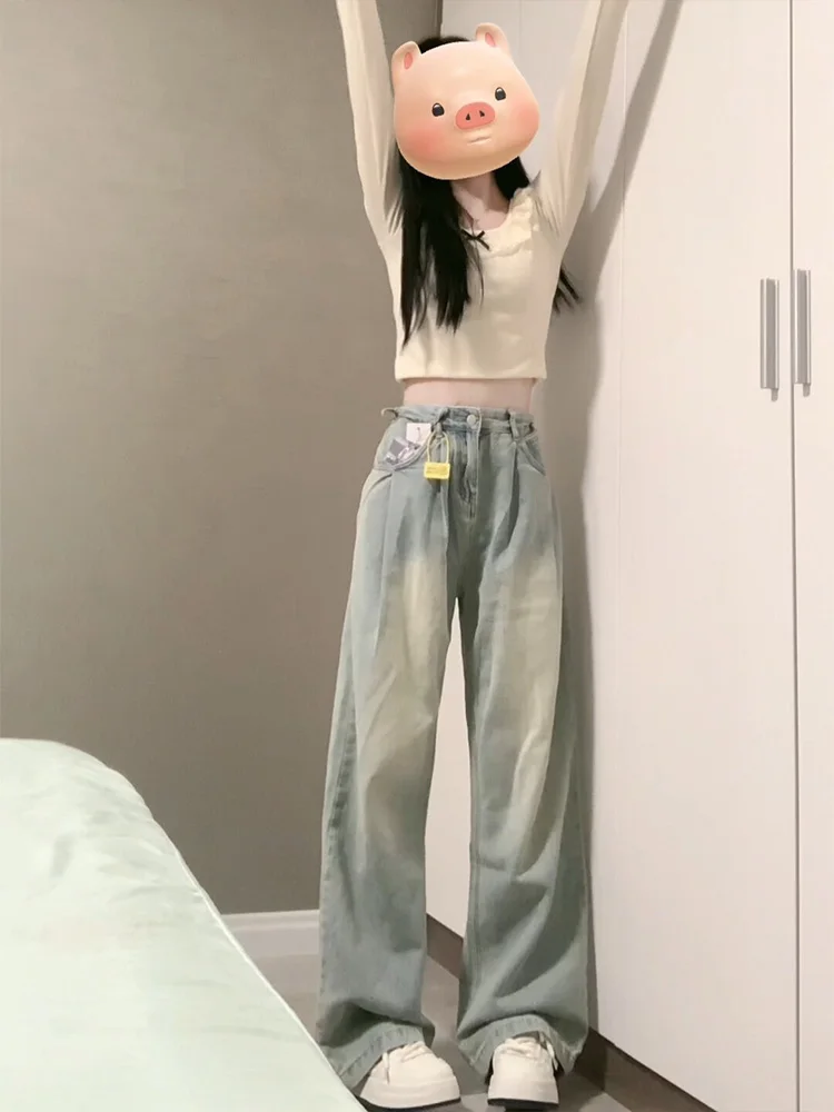 라이트 컬러 러플 와이드 레그 청바지 여성 여름 얇은 스타일 몸집이 작은 아메리칸 스타일 슬리밍 루즈핏 스트레이트 레그 바지