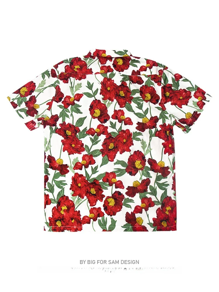 Red Cuban Collar Shirt Short Sleeve Breathable Cotton Youth Fashion Summer 2024 Big Size Men Women Hawaiian Print Beachwear