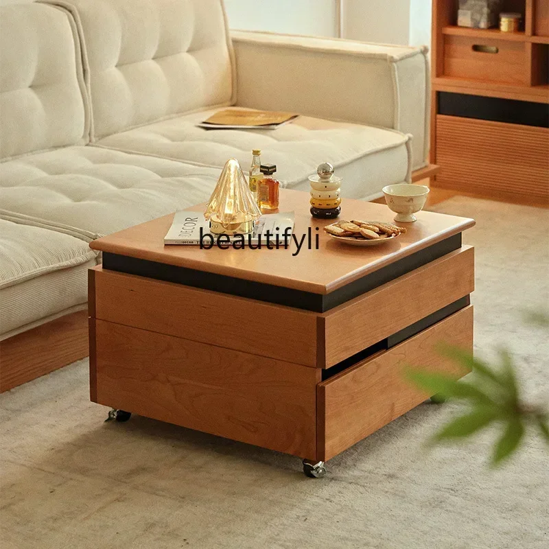 25LD Nordic solid wood liftable coffee table living room mobile square square cherry wood edge table6005