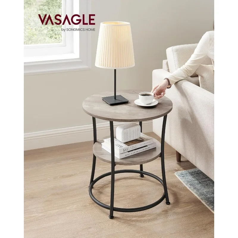 Side Table, Round End Table with 2 Storage Shelves for Living Room, Bedroom, Nightstand with Steel Frame for Small Spaces