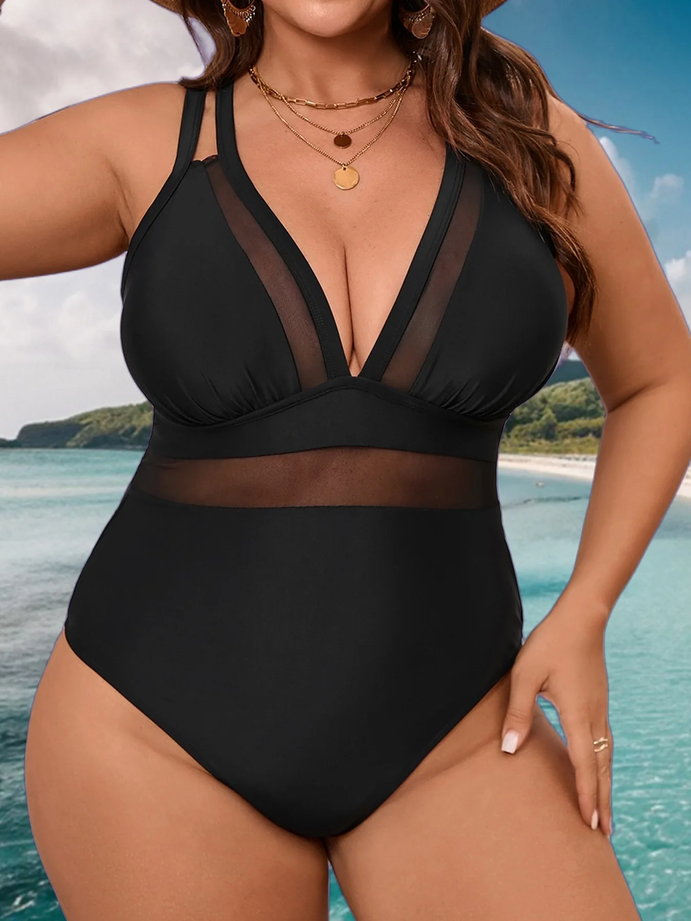 Plus Size Black Mesh One-Piece Swimsuit Deep V-Neck Tummy Control Sexy Curvy Women Beachwear High Waist Bathing Suit Swimwear