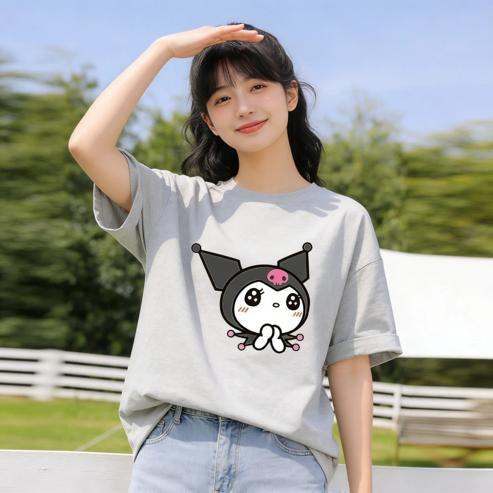 

2026 New Kuromi Cute Cartoon Print T-shirt Family Matching Outfits Casual Short Sleeve Tee for Women Men Kids Summer Streetwear