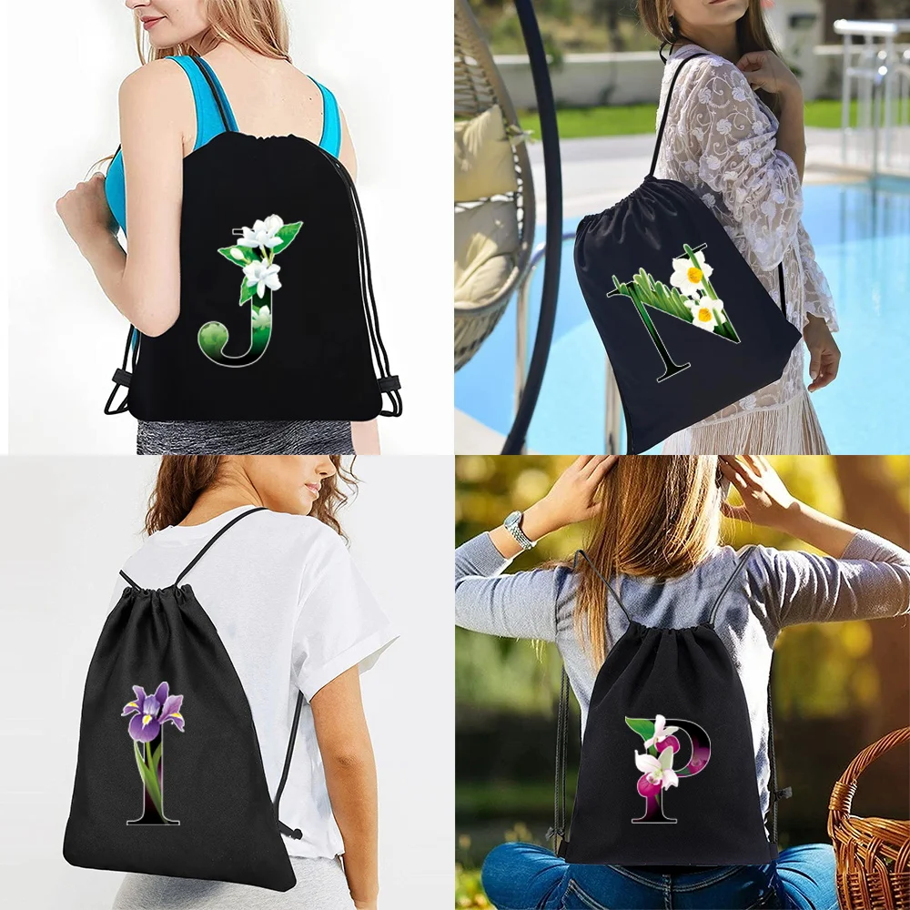 Backpacks Sports Gym Bag  Drawstring Double Shoulder Bags Women Travel Casual Canvas Flower Color Print Backpack Organizer Men