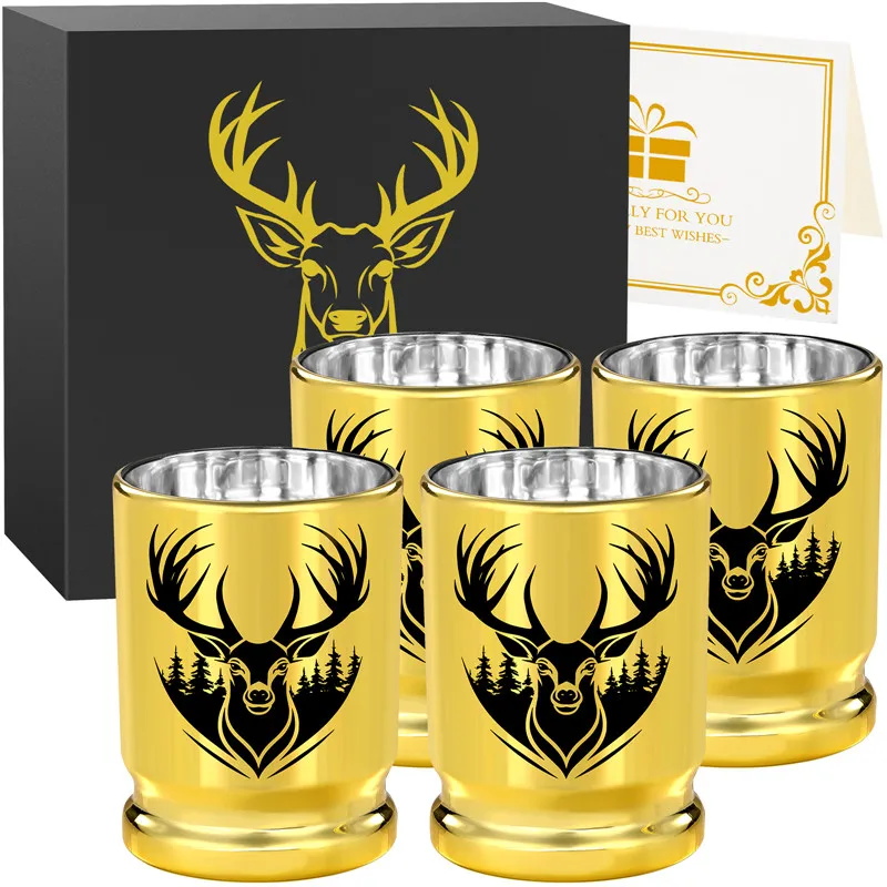 

Deer Head Golden Plastic Shot Glasses Bulk Set with Gift Box for Wedding Party Club 50 Caliber Bullet Shot Cups for Whiskey