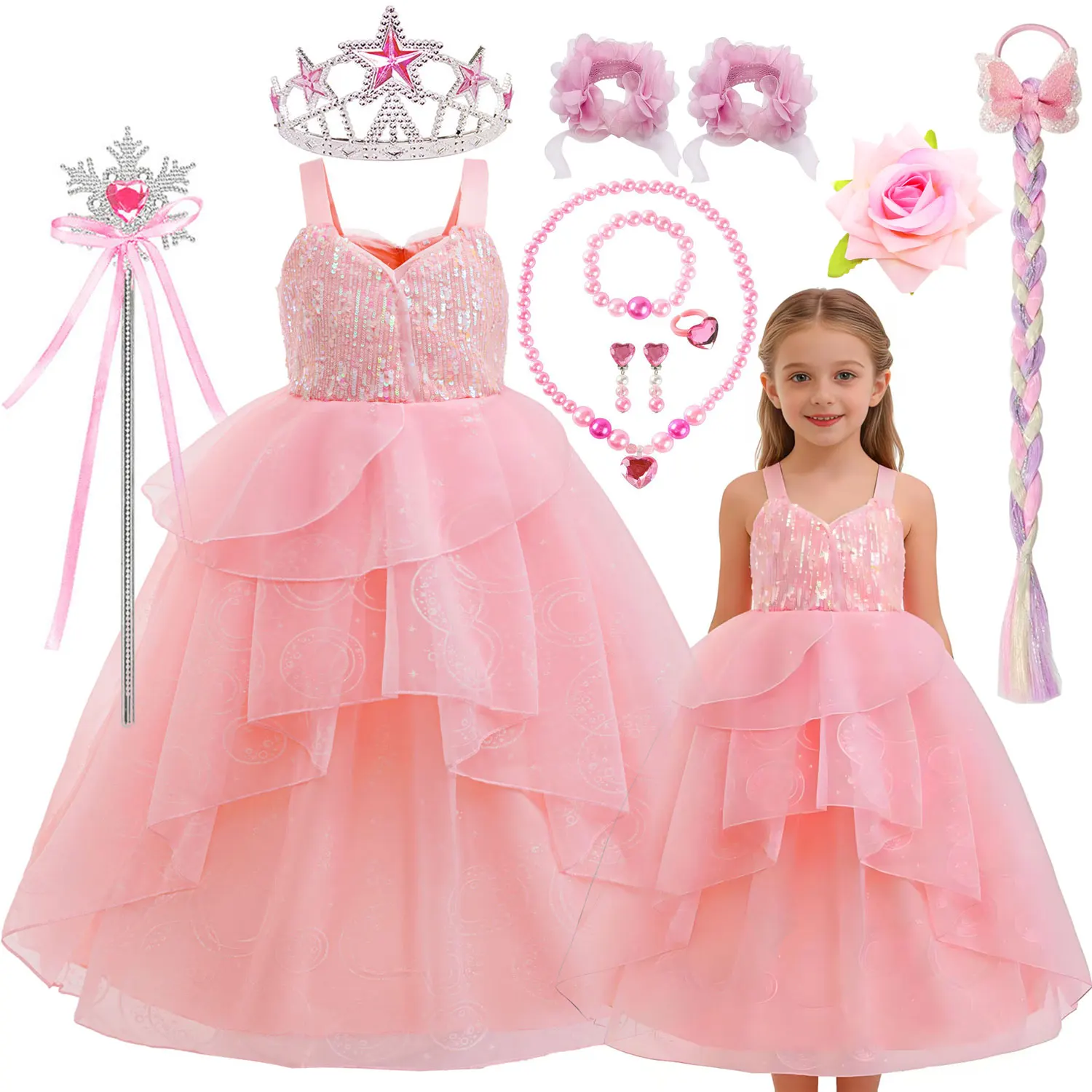 2023 neue Disney Prinzessin Kleid Mädchen Cosplay Prinzessin Glinda Rosa Ärmelloses Kleid Für Baby Mädchen Böse Hexen Ballkleid Set