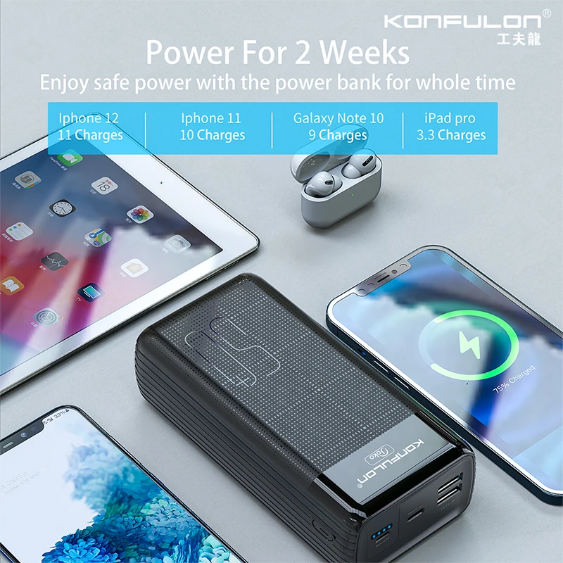 KONFULON  Powerbank 50000 Mah Dual Quick Charge Power Bank Black Led Display Type C  External Battery Charger For iPhone Xiaomi