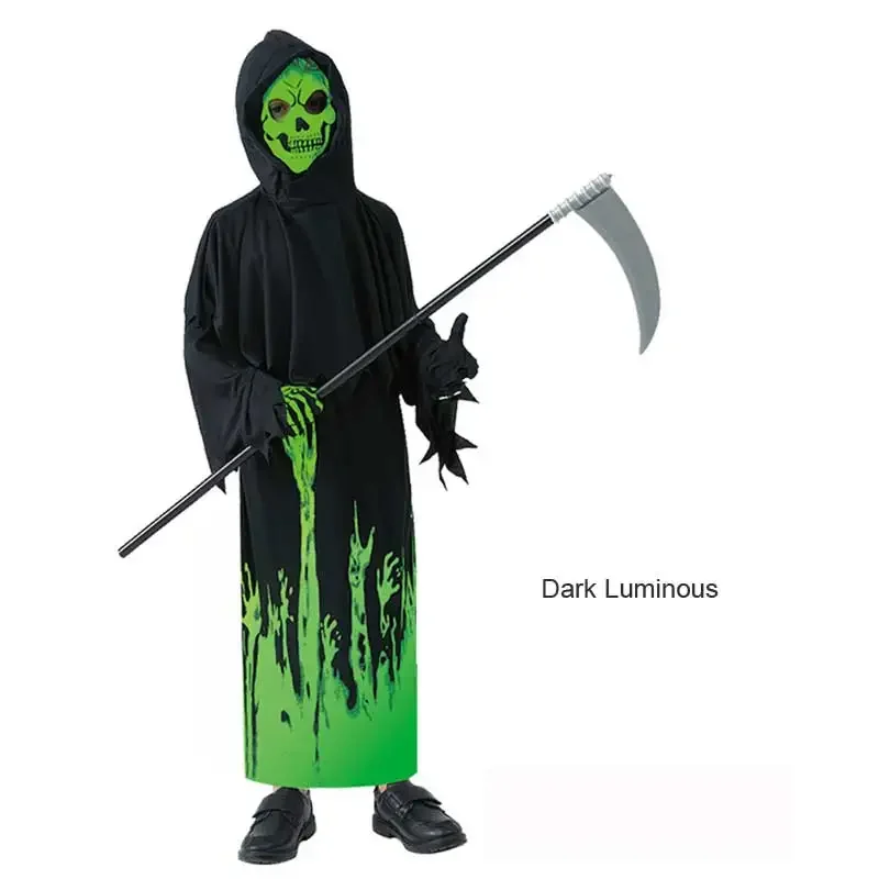 Childrens Glow in the Dark Luminous Grim Reaper Dress Up Costume With Sickles For Halloween Party