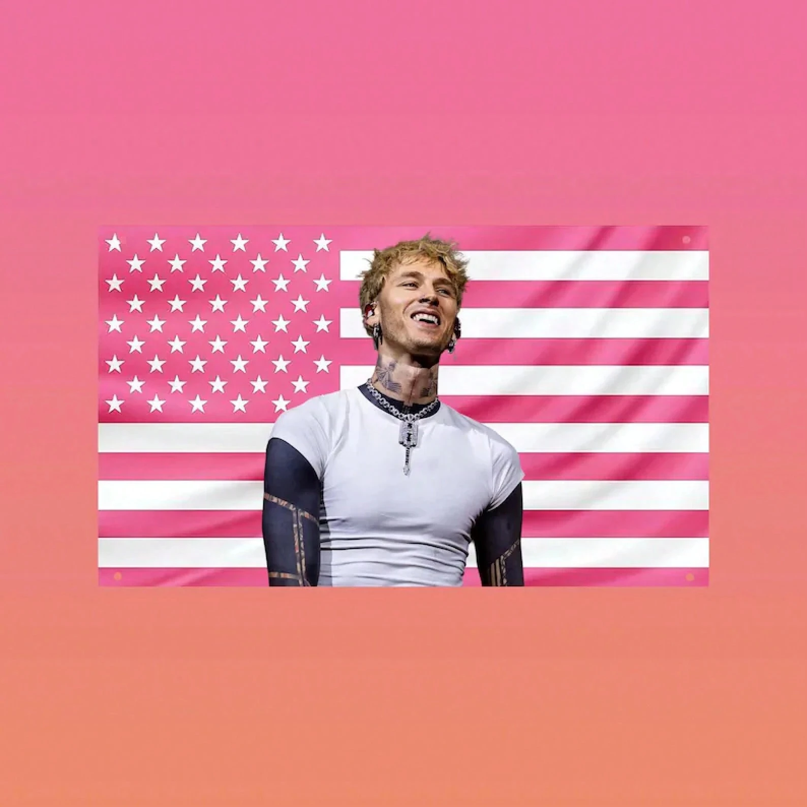M-Machine  K-Kelly Pink American Flag Tapestry Banner Rapper Portrait Wall Hanging Decor