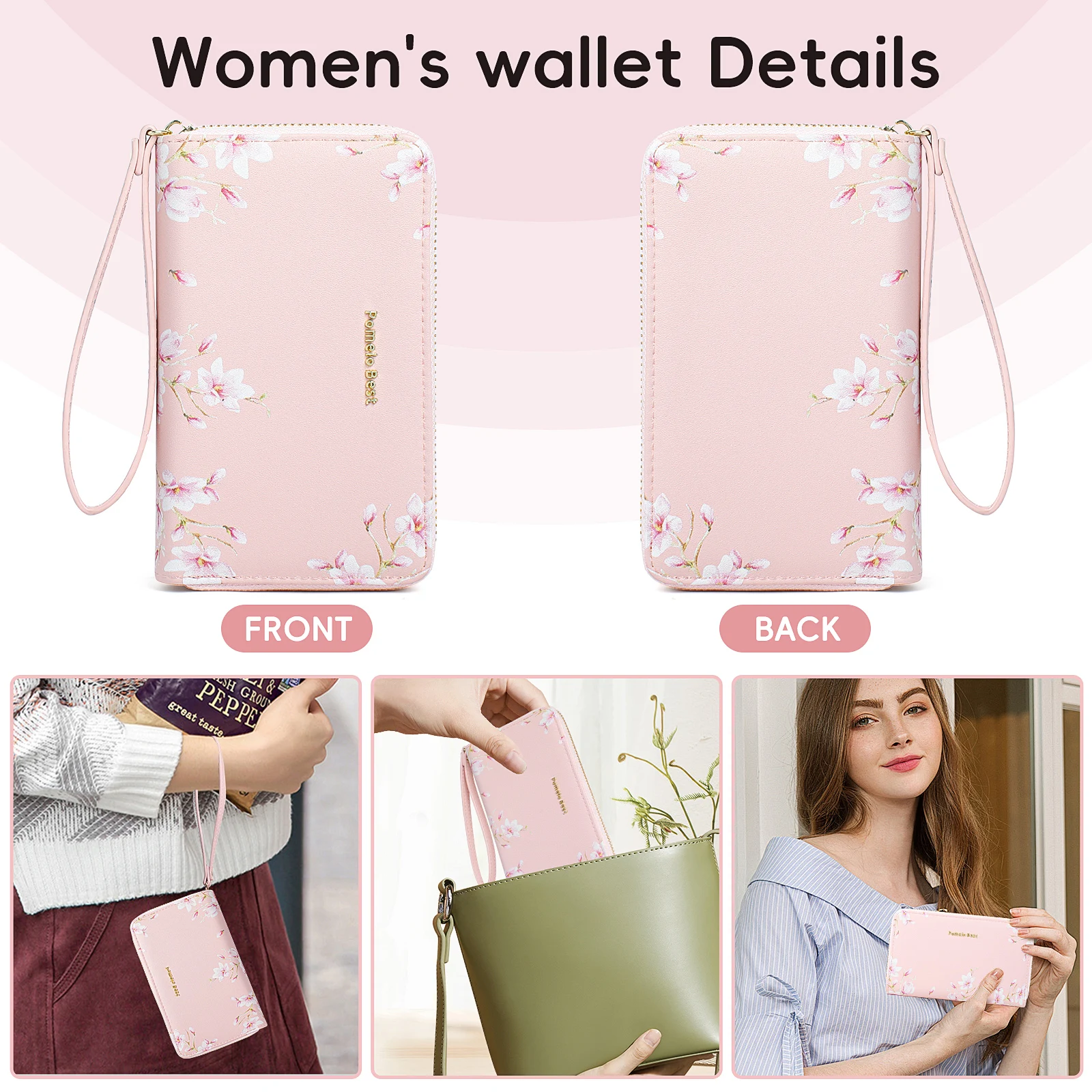 Pomelo Best Women Split Leather Wallet with Zipper Strap Floral Fashion Card Holder Coin Purse Cellphone Bag Female Money Bag