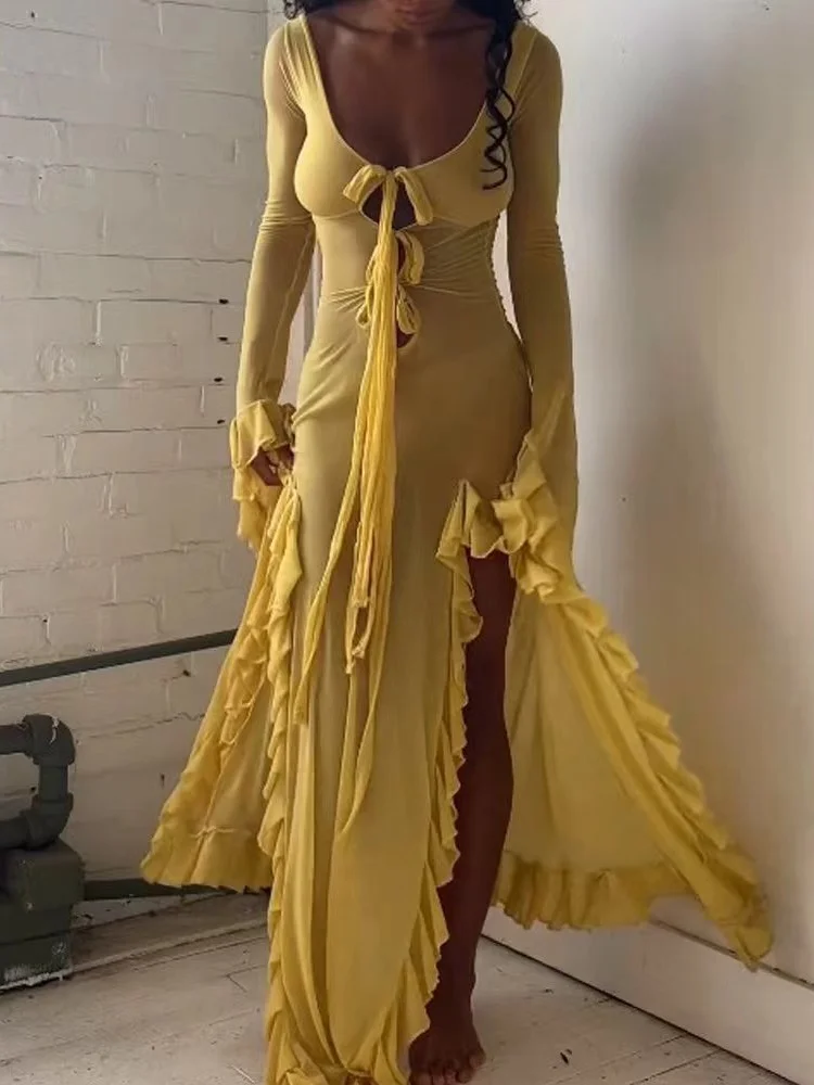 ثلاثة الأخوات صيف جديد مثير أنيق حفلة عيد ميلاد حفلة موسيقية ملهى ليلي امرأة الملابس بلون سليم صالح فستان بأكمام طويلة