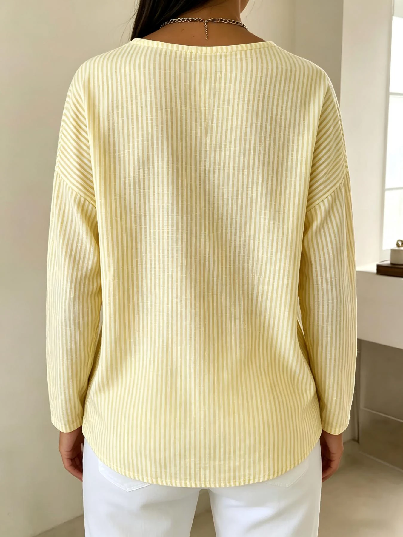 Women Striped Long Sleeve Blouse Henley Neck Button Decor Casual Shirts Loose Fit Ladies Daily Wear Tops Multiple Colors Availab