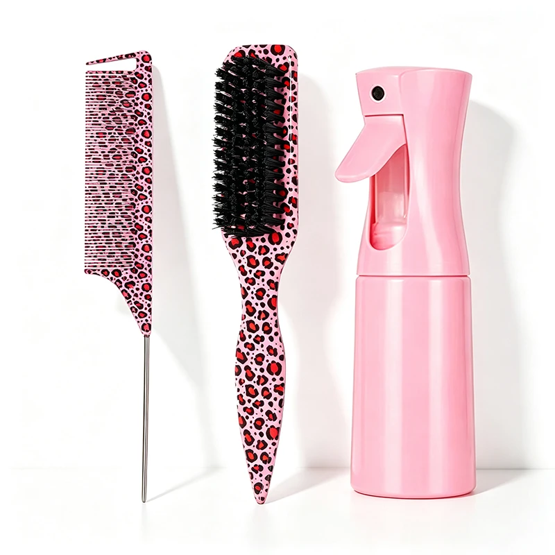 3Pcs Hair Styling Kit Nylon Brush Anti-Static Pin Comb 200ml Leakproof Mist Spray Home Salon Use