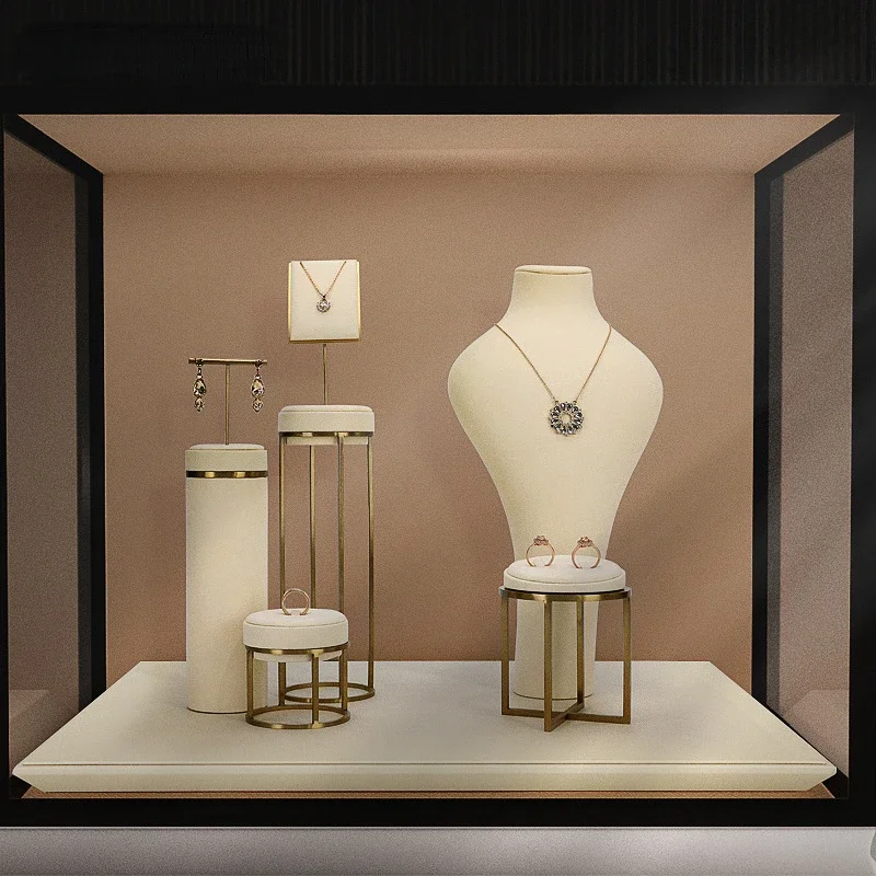 Off-white Necklace Jewelry Display Rack Window Neck Display Microfiber Metal Ring Earrings Necklace Jewelry Display Rack