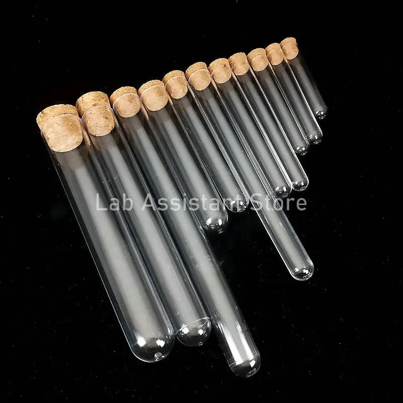 50pcs/100pcs Clear Lab Round Bottom Plastic Test Tubes with Cork Party Candy Bottle Wedding gift tube School Experiment