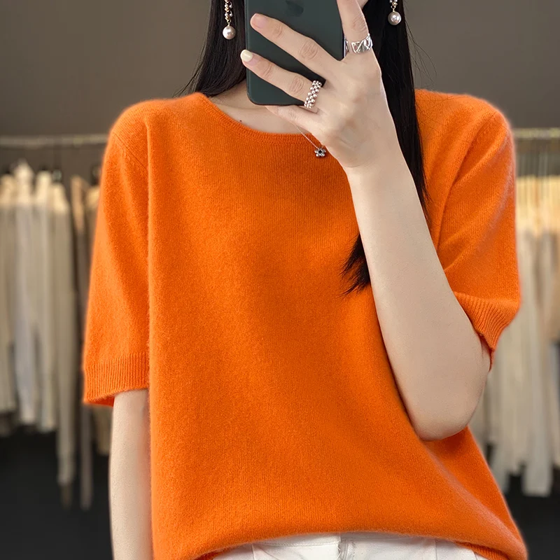 Crew-neck sweater women 100 pure cashmere short-sleeved T-shirt top 2023 autumn knitted Korean version worsted base shirt