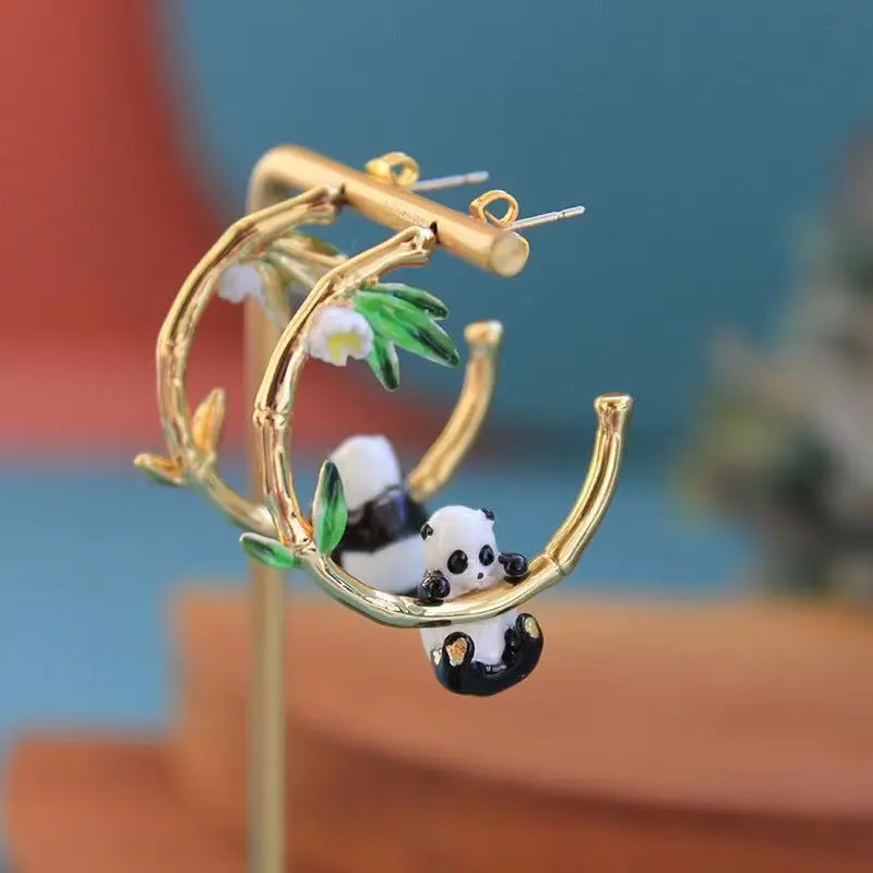 Panda and Bamboo Earrings with Enamel Ear Stud