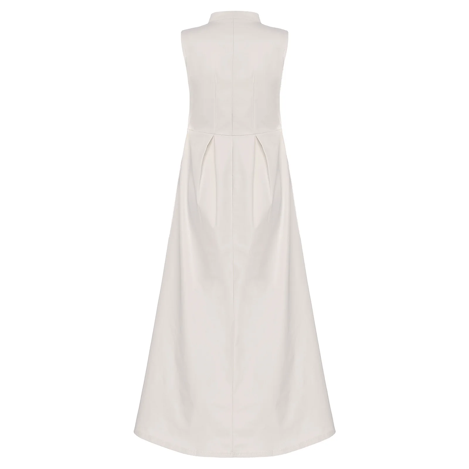 فستان نسائي طويل بسحاب أمامي وظيفي مع رقبة وهمية وجيوب جانبية، تصميم مصقول بدون أكمام للتسوق والارتداء اليومي