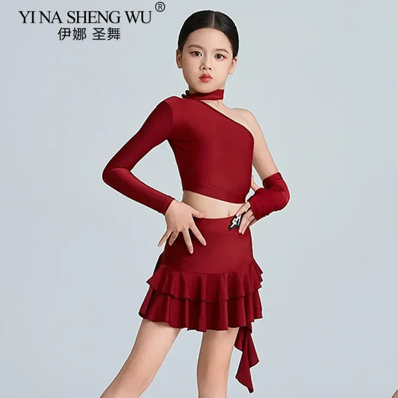 Ragazze Bambini Abiti da ballo latino Abito rosso Cha Cha Rumba Samba Pratica di allenamento Top Gonna Abito Dancewear per lezioni di performance