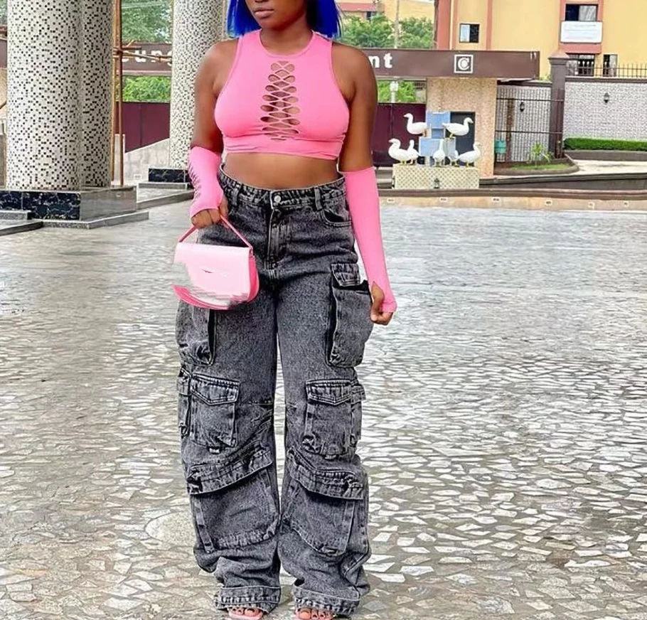 Women's Workwear Style Trousers 2025 Autumn Winter Latest Denim Trend Multi Pocket Plus Size Jeans Work High Waist Long Pants