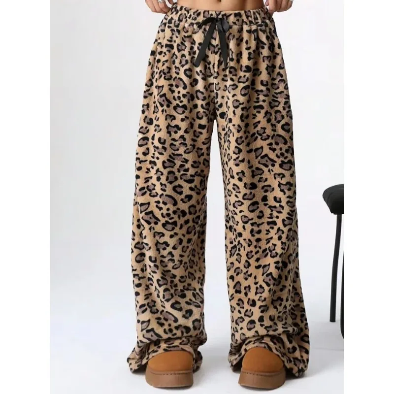 Women Leopard Print Wide Leg Pants Autumn  Soft Polar Fleece High Waist Loose Warm Casual Trousers  Wear