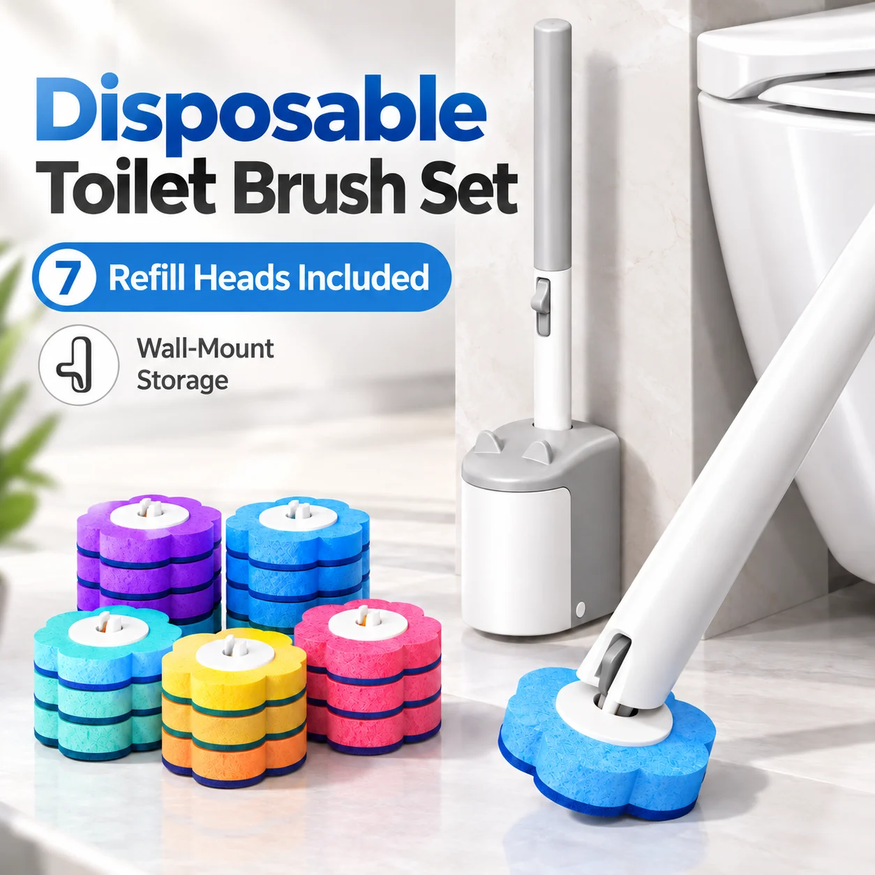 Disposable Toilet Brush Kit With Sponge Refill Pads No Touch Cleaning Wand And Wall Mounted Holder For Bathroom Toilet Cleaning