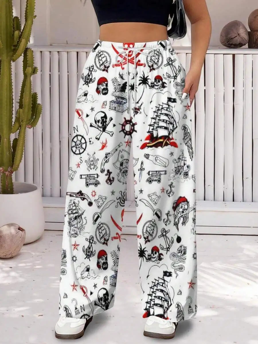 Pantalones anchos con estampado pirata para mujer, ropa informal de calle, algodón, corte holgado, hasta el tobillo