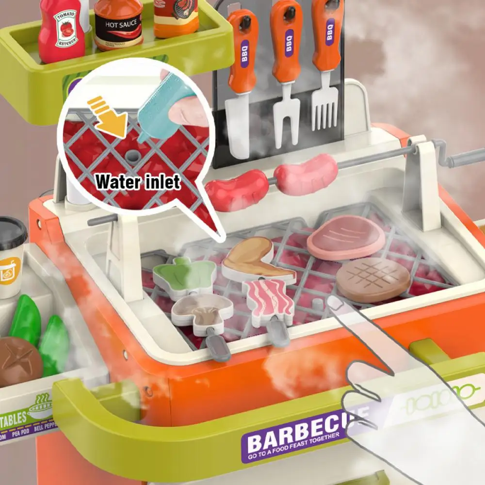 Fingir conjunto de brinquedos de cozinha crianças churrasco carrinho de comida pulverização névoa crianças role play casa presentes caixa embalado cozinhar divertido jogo de família brinquedos