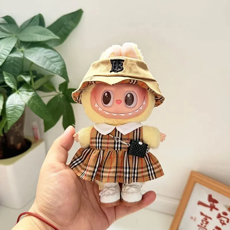 15 17cm For Labubu Doll Classic Dress Skirt Outfit Clothes Luxury Fisherman Hat Plaid Shirt Bag Shoes Set Clothing Accessories