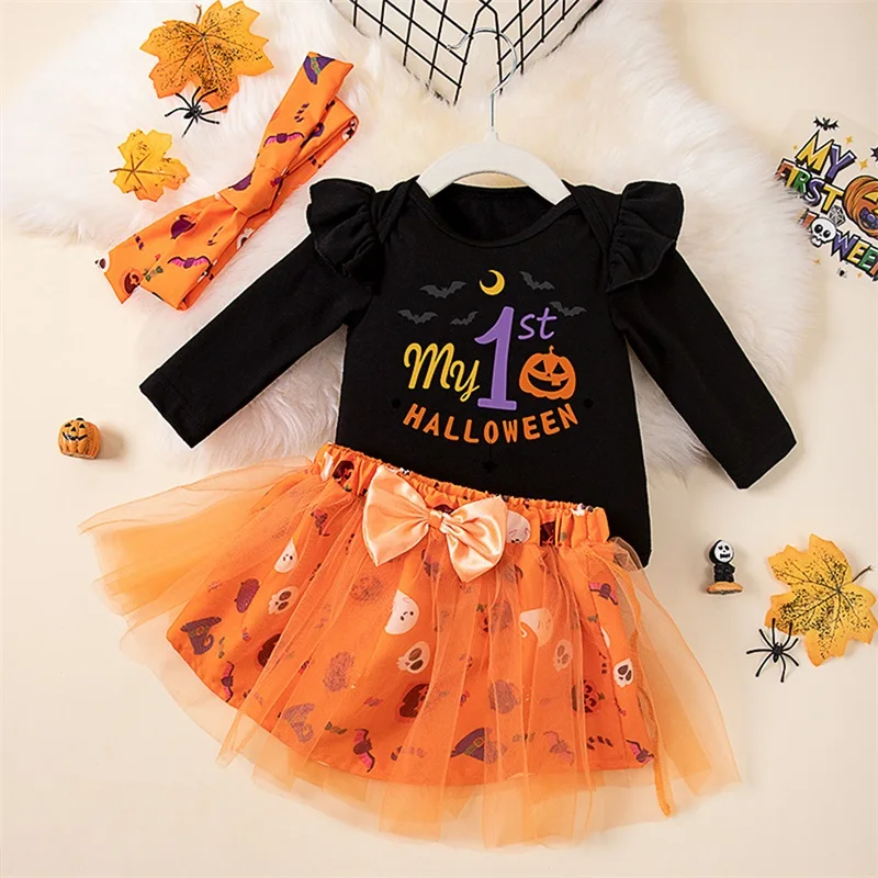 3-Piece Baby Girls Halloween Set Pumpkin Letter Print Long Sleeve Ruffled Romper Puffy Gauze Skirt Hair Band Outfits