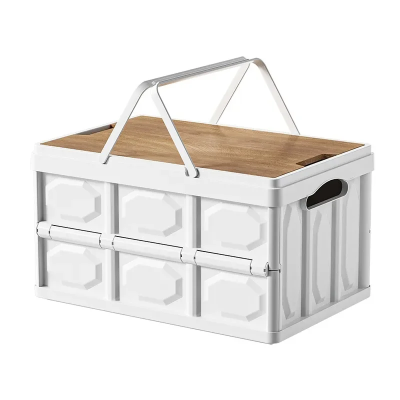 Foldable Storage Box with Wooden Lid Outdoor Camping Car Trunk Organizer Portable Collapsible Crate Picnic Basket Bin