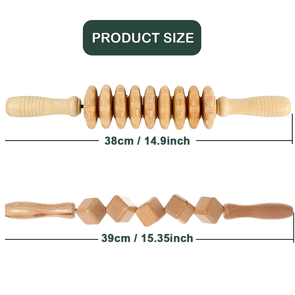 Wood 9-wheel and Cube Massage Stick, Wood Therapy Massage Tool Shoulder Back Waist Roller Massager Full Body Muscle Pain Relief