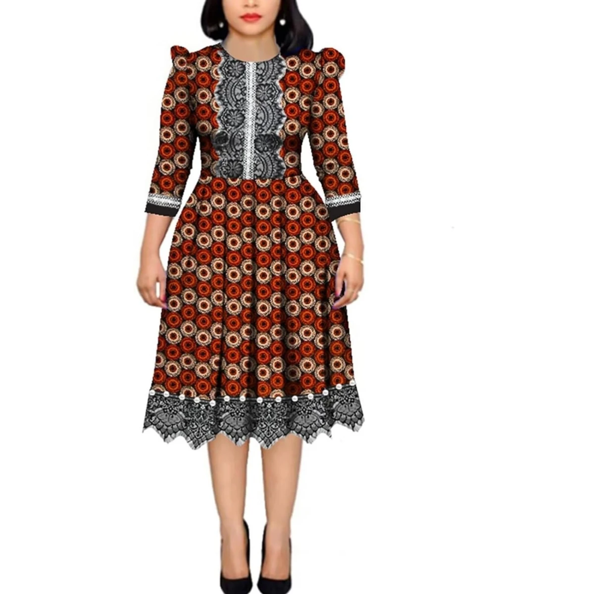 

Women's Long Sleeve Ankara Cotton African Print Dress Lace Patchwork Prom Wedding Costume Pearls Dresses for Women WY4339