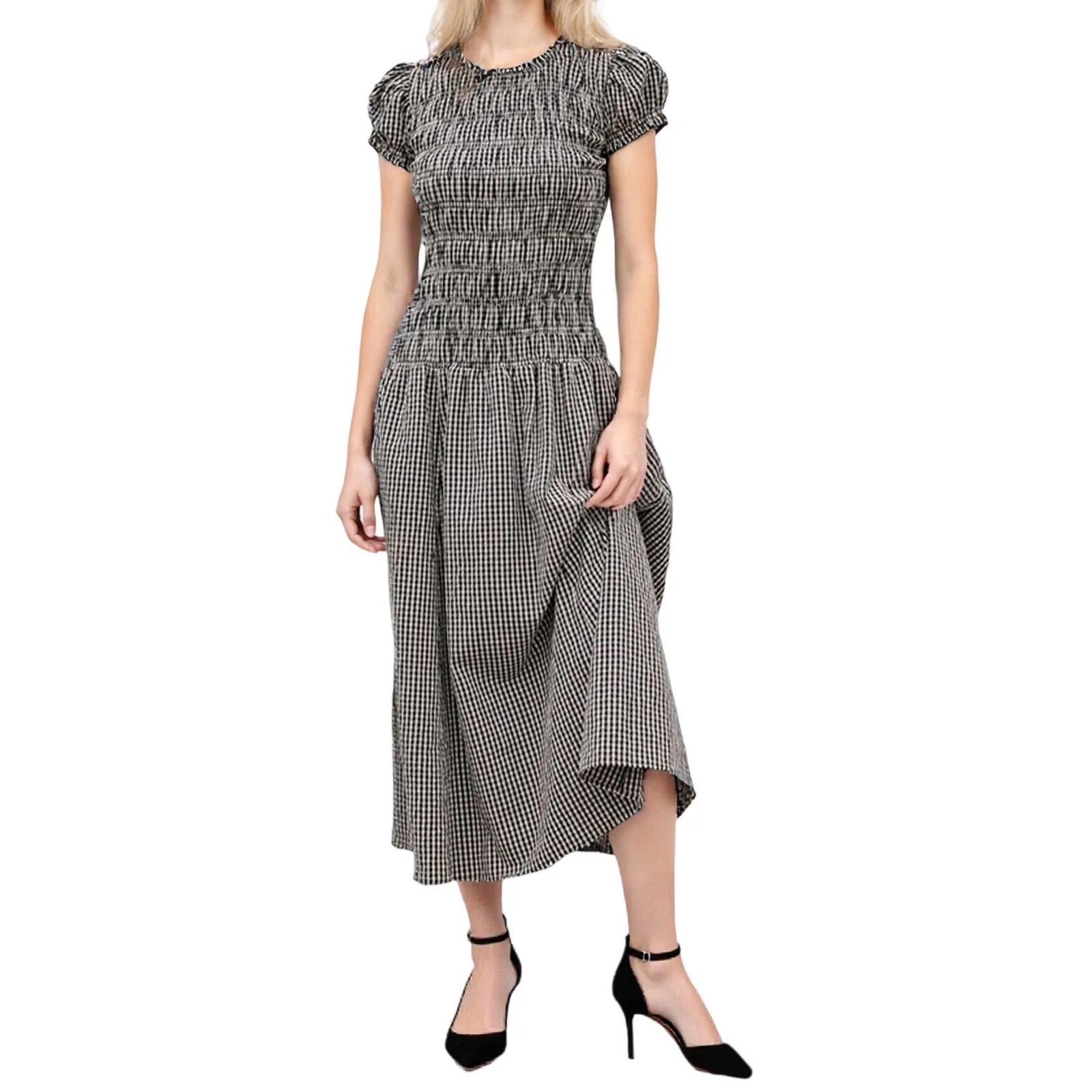 Robe longue à imprimé vichy pour femmes, manches courtes, col rond, smockée, mi-longue, printemps-été