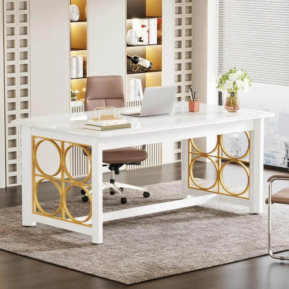 Executive Desk, Modern Office Desk with Glossy Surface, Large Computer Desk for Home Office, Conference Table for Meeting Room